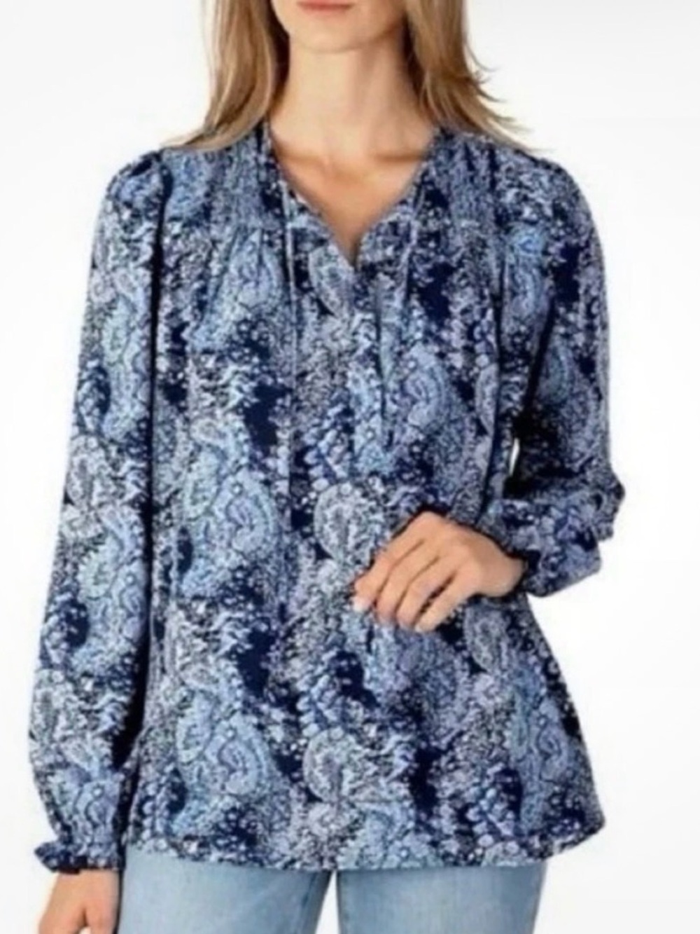 Joie Boho Parisian Pleated Blue Paisley Peasant  Blouse Womens Size XL NWT